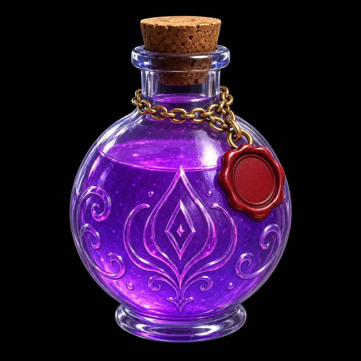 Generated 3D preview of a purple glass potion bottle with cork, gold chain, and red wax seal