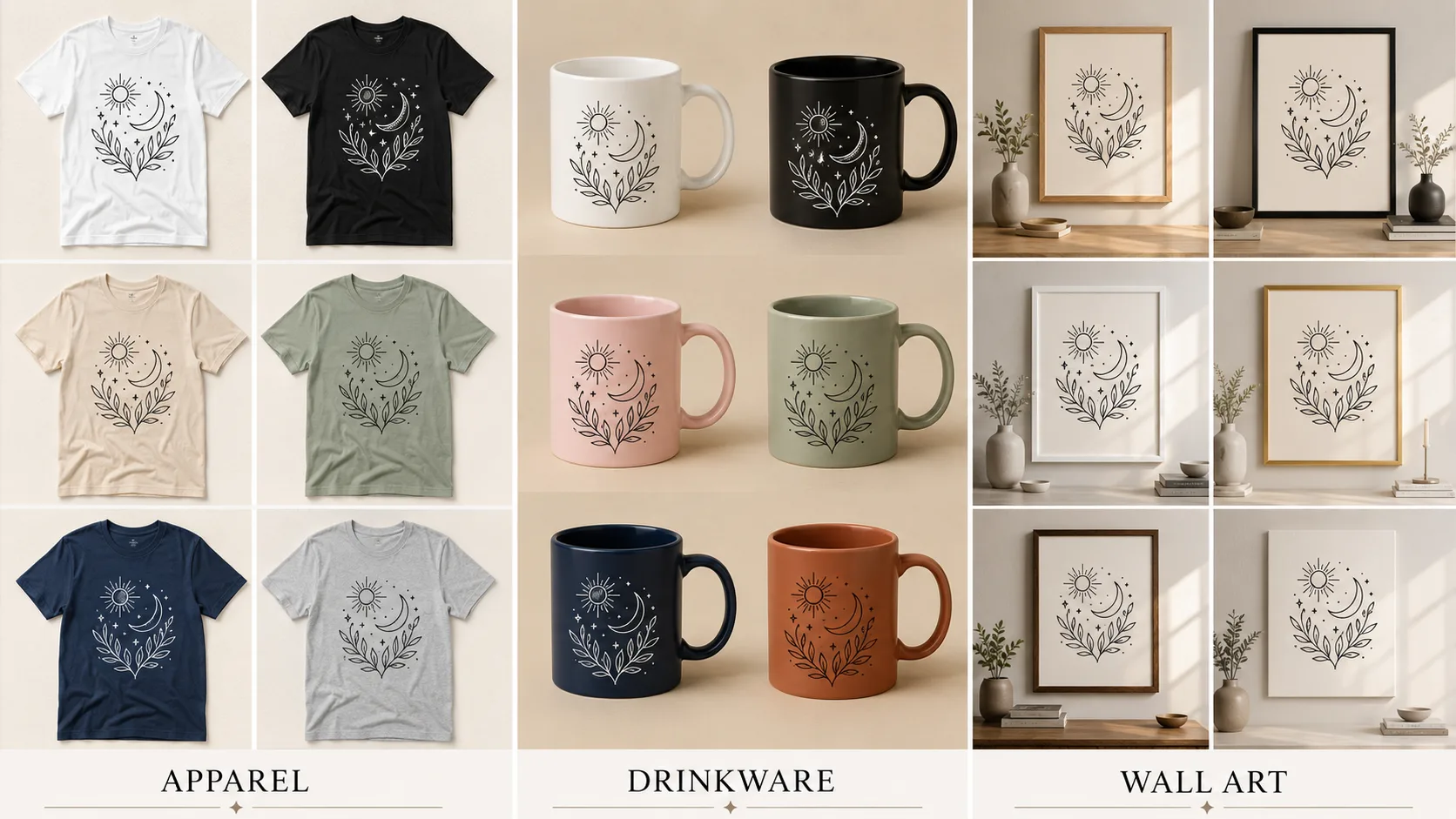 Vector art displayed on apparel, drinkware, and framed wall art mockups