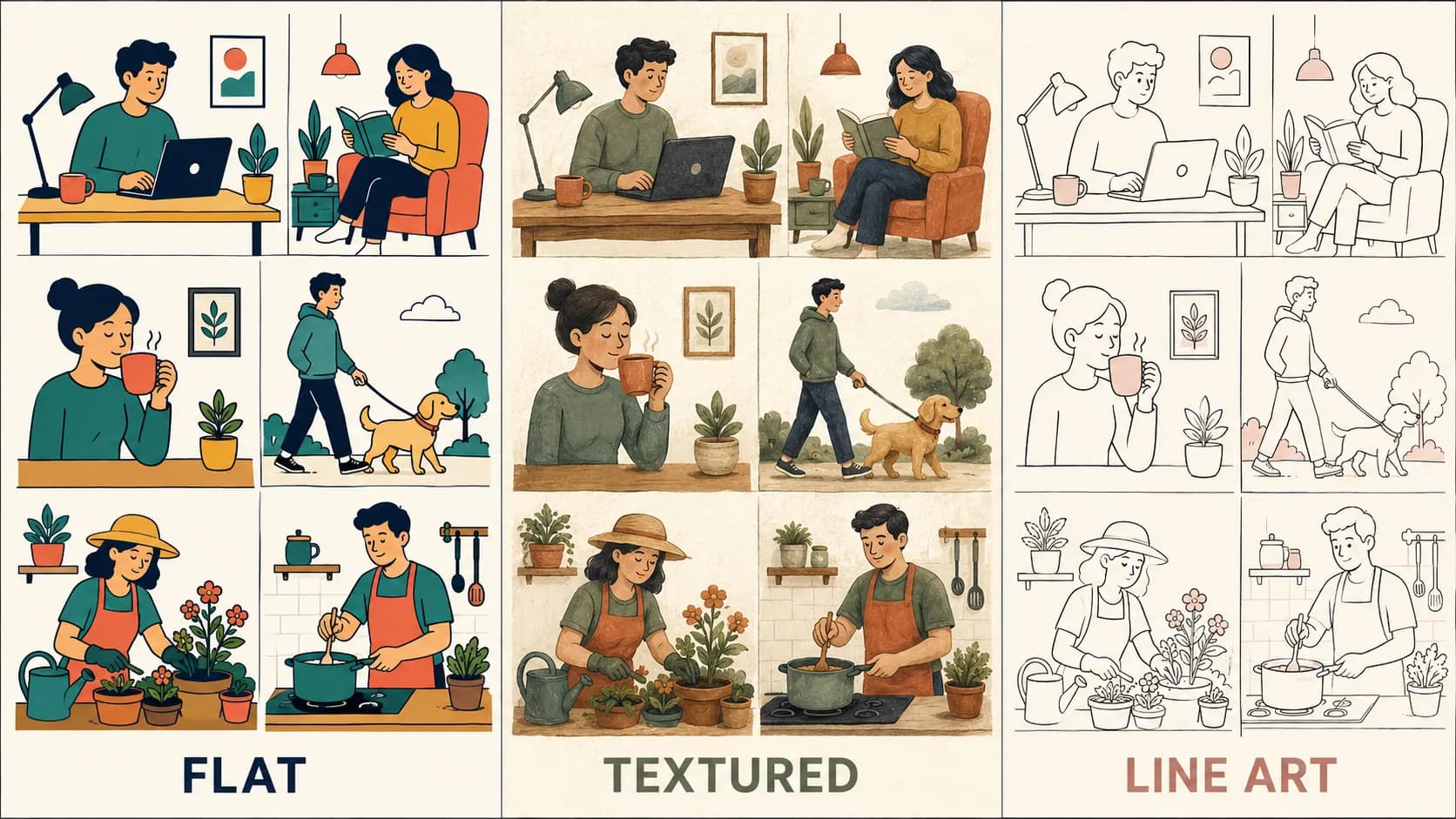 Flat, textured, and line art illustration style examples