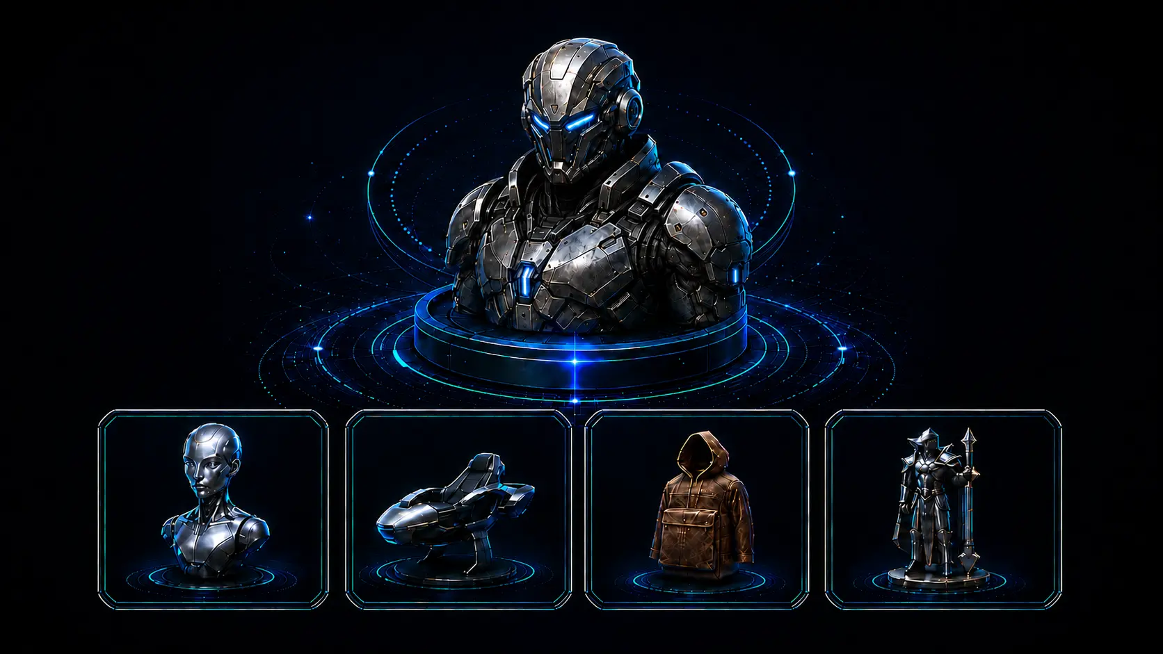 AI-generated 3D model showcase: a metallic sci-fi character bust on a holographic platform with spaceship, humanoid, jacket, and knight 3D asset previews