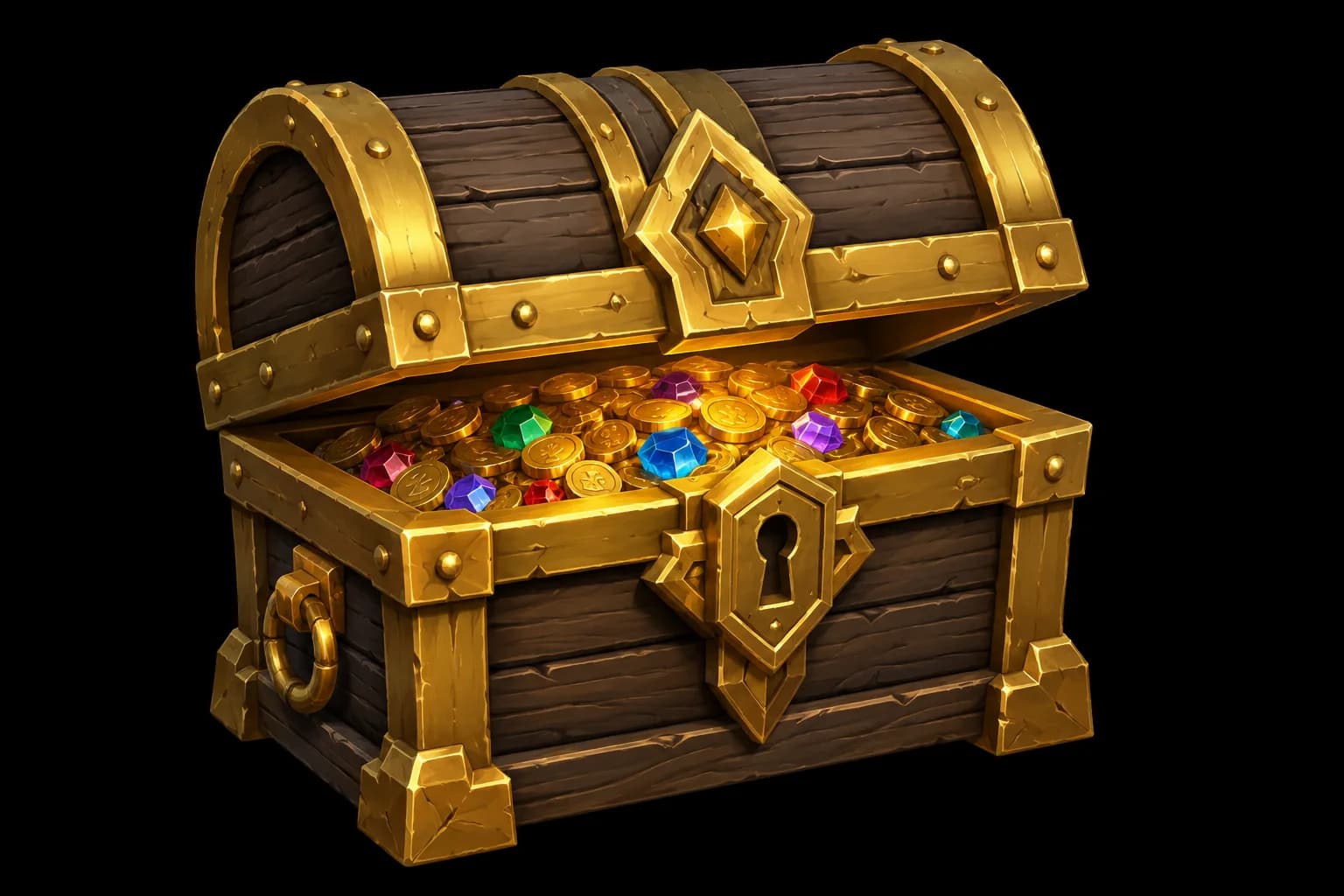 Stylized 3D treasure chest mesh generated by Hunyuan 3D, golden trim with embedded gemstones and coins