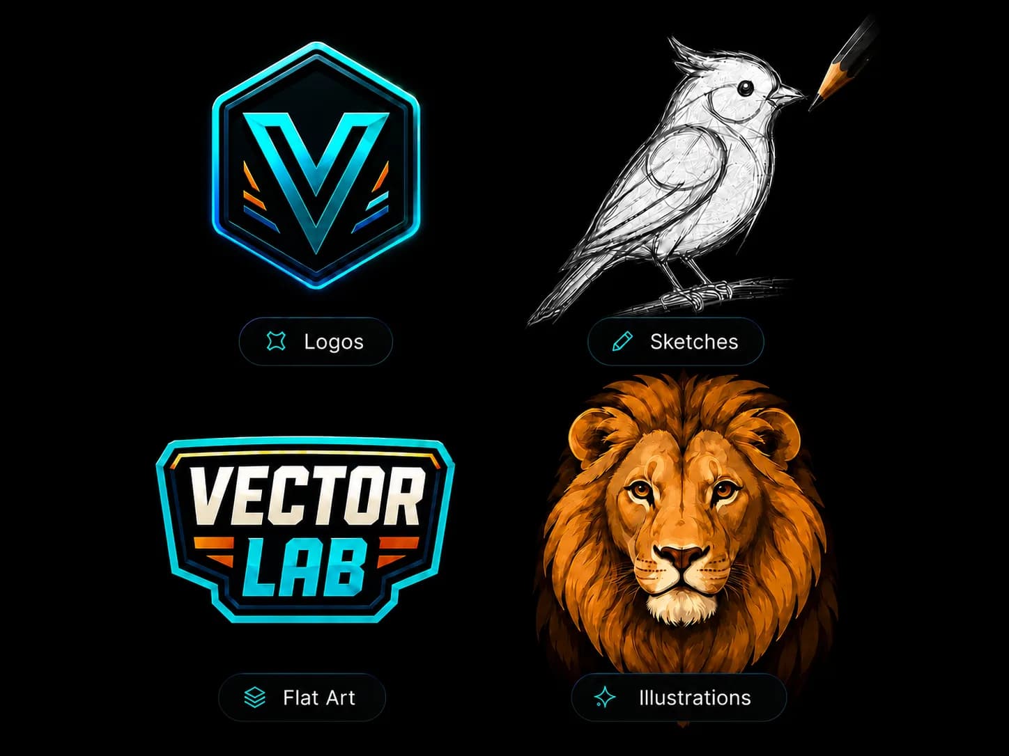 Recraft image-to-vector output examples showing a logo, bird sketch, wordmark, and lion illustration
