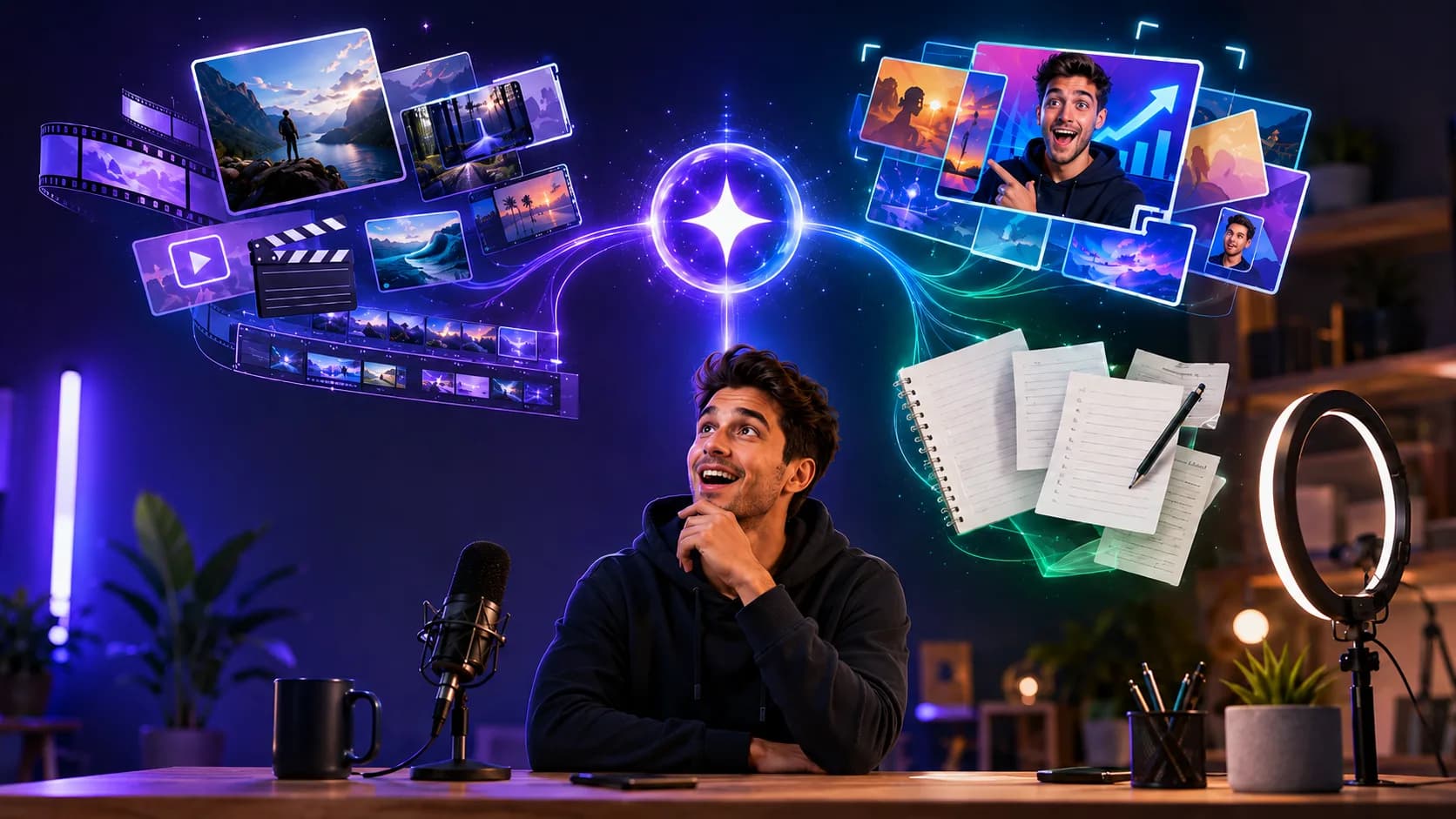 Creator desk scene with AI video, image, and writing tools floating above