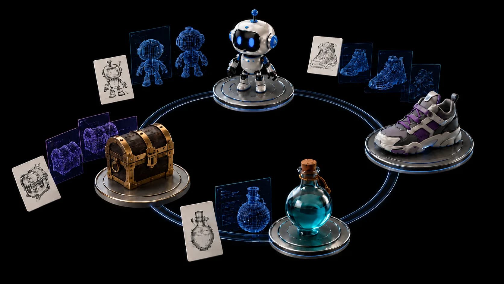 AI 3D asset workflow with reference sketches, models, and generated objects